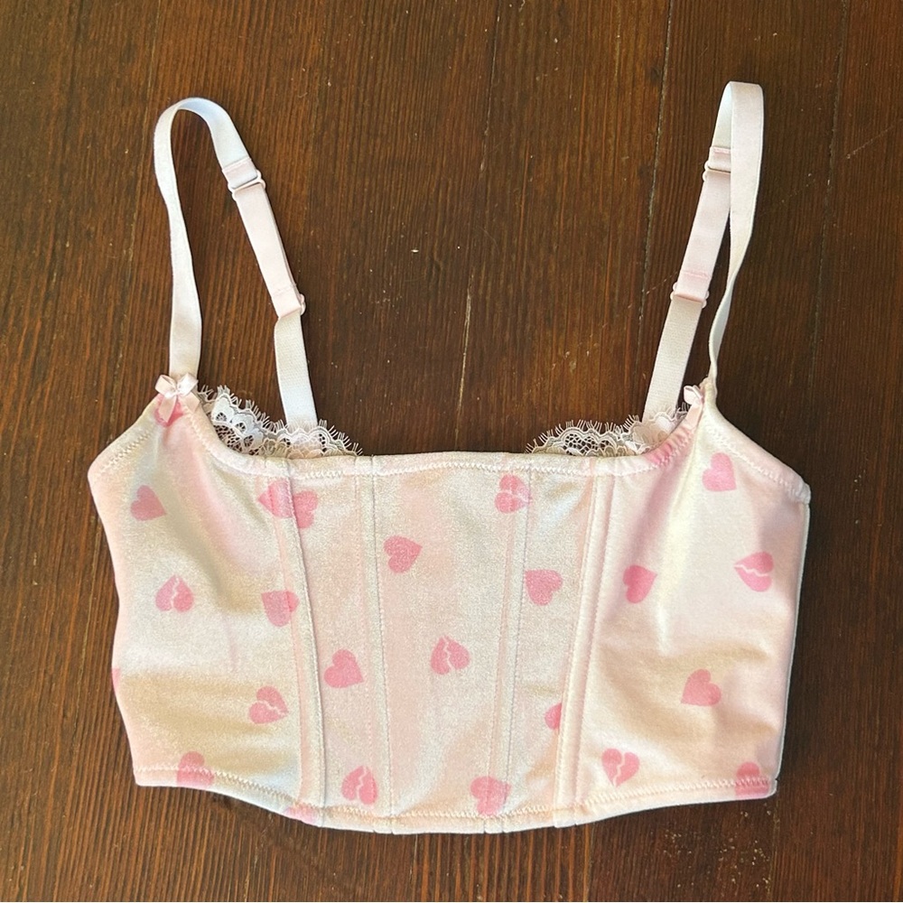SKIMS / Pink Velvet Cropped Corset Top in Cherry Blossom Heartbreaker Print XS